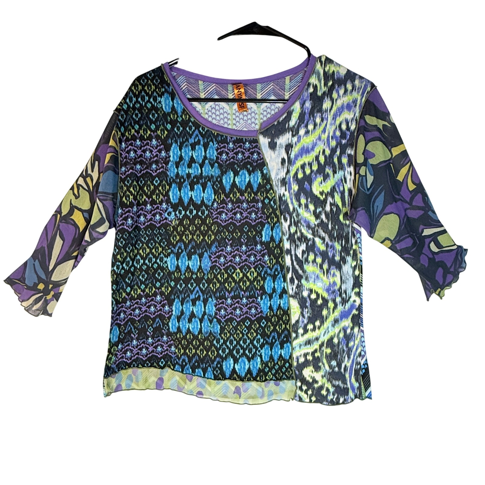 Anya Sf Mixed Print Tunic Top Women's M Purple Blue 3/4 Sleeve Boho Artsy